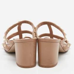 Pre Owned Valentino Beige Leather Rockstud Slide Sandals Size 39.5