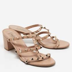 Pre Owned Valentino Beige Leather Rockstud Slide Sandals Size 39.5