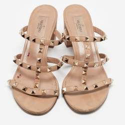 Pre Owned Valentino Beige Leather Rockstud Slide Sandals Size 39.5