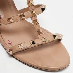 Pre Owned Valentino Beige Leather Rockstud Slide Sandals Size 39.5