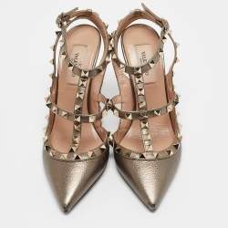 Valentino Metallic Leather Rockstud Ankle Strap Pumps Size 36.5