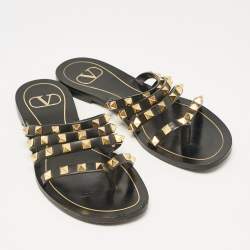 Valentino Black Leather Rockstud Strappy Flats Size 35