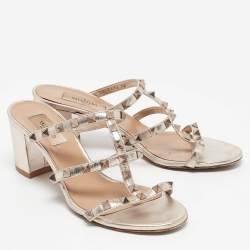Pre Owned Valentino Metallic Leather Rockstud Slide Sandals Size 38