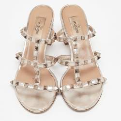 Pre Owned Valentino Metallic Leather Rockstud Slide Sandals Size 38