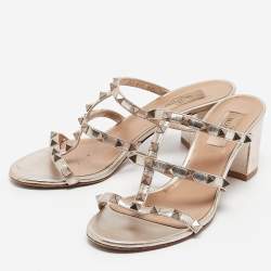 Pre Owned Valentino Metallic Leather Rockstud Slide Sandals Size 38