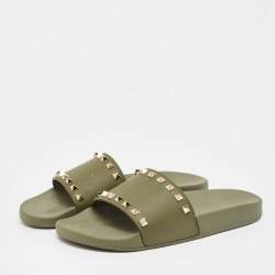 Pre Owned Valentino Green Rubber Stud Flat Slides Size 40