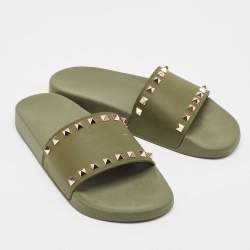 Pre Owned Valentino Green Rubber Stud Flat Slides Size 40