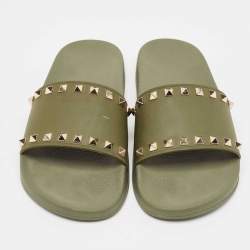 Pre Owned Valentino Green Rubber Stud Flat Slides Size 40