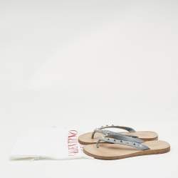 Valentino Blue Leather Rockstud Thong Flats Size 38