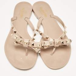 Pre Owned Valentino Beige Rubber Bow Rockstud Thong Flats Size 41