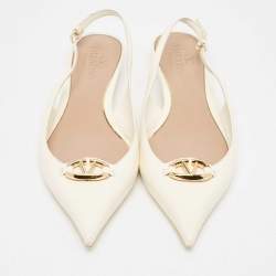 Pre Owned Valentino Off White Leather VLogo Slingback Flats Size 39