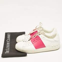 Valentino White/Red Leather Rockstud Lace Up Sneakers Size 39