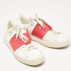 Valentino White/Red Leather Rockstud Lace Up Sneakers Size 39