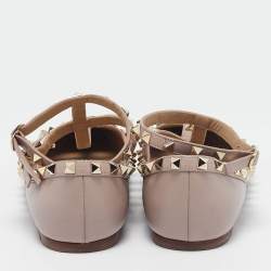 Pre Owned Valentino Beige Leather Rockstud Cage Ballet Flats Size 38