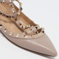 Pre Owned Valentino Beige Leather Rockstud Cage Ballet Flats Size 38