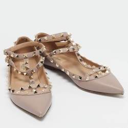 Pre Owned Valentino Beige Leather Rockstud Cage Ballet Flats Size 38