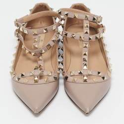 Pre Owned Valentino Beige Leather Rockstud Cage Ballet Flats Size 38