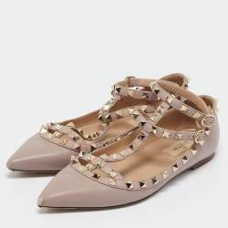 Pre Owned Valentino Beige Leather Rockstud Cage Ballet Flats Size 38