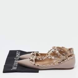 Pre Owned Valentino Beige Leather Rockstud Cage Ballet Flats Size 38