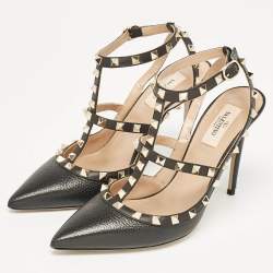 Pre Owned Valentino Black Leather Rockstud Ankle Strap Cage Sandals Size 40