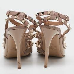 Pre Owned Valentino Beige Patent And Leather Rockstud  Ankle Strap Pumps Size 38