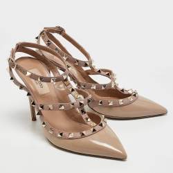 Pre Owned Valentino Beige Patent And Leather Rockstud  Ankle Strap Pumps Size 38