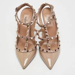 Pre Owned Valentino Beige Patent And Leather Rockstud  Ankle Strap Pumps Size 38