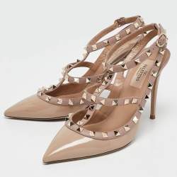 Pre Owned Valentino Beige Patent And Leather Rockstud  Ankle Strap Pumps Size 38
