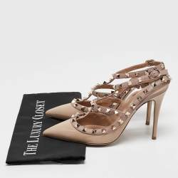 Pre Owned Valentino Beige Patent And Leather Rockstud  Ankle Strap Pumps Size 38