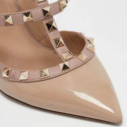 Pre Owned Valentino Beige Patent And Leather Rockstud  Ankle Strap Pumps Size 38