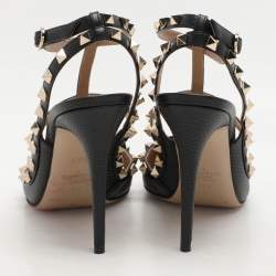 Pre Owned Valentino Black Leather Rockstud Ankle Strap Sandals Size 42.5