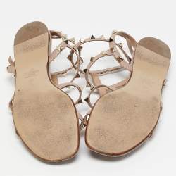 Pre Owned Valentino Beige Leather Rockstud Ankle Strap Flats Size 38