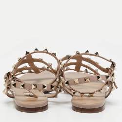 Pre Owned Valentino Beige Leather Rockstud Ankle Strap Flats Size 38