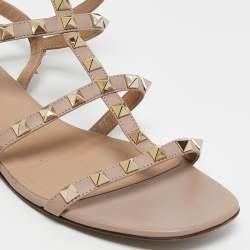 Pre Owned Valentino Beige Leather Rockstud Ankle Strap Flats Size 38