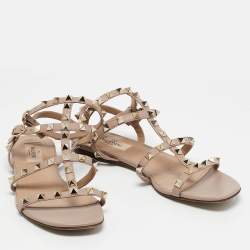 Pre Owned Valentino Beige Leather Rockstud Ankle Strap Flats Size 38