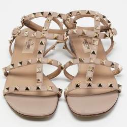 Pre Owned Valentino Beige Leather Rockstud Ankle Strap Flats Size 38