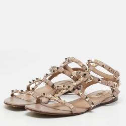 Pre Owned Valentino Beige Leather Rockstud Ankle Strap Flats Size 38