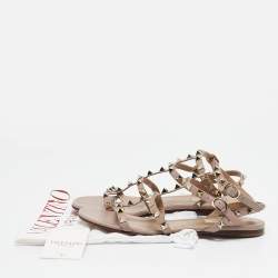 Pre Owned Valentino Beige Leather Rockstud Ankle Strap Flats Size 38