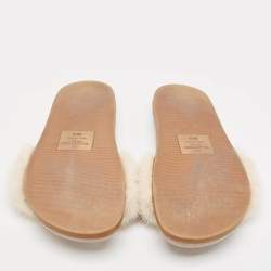 Pre Owned Valentino White Mink Fur Rockstud Flat Slides Size 38.5