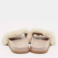 Pre Owned Valentino White Mink Fur Rockstud Flat Slides Size 38.5
