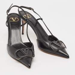 Pre Owned Valentino Black Leather Escape V logo Slingback Pumps Size 40