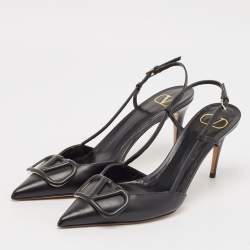 Pre Owned Valentino Black Leather Escape V logo Slingback Pumps Size 40