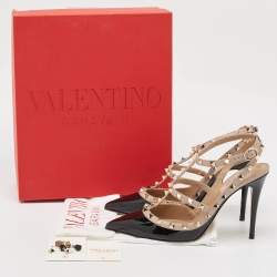 Pre Owned Valentino Black/Pink Patent and Leather Rockstud Caged Pumps Size 40