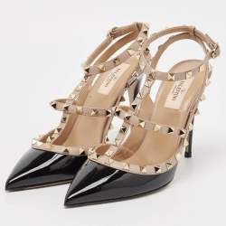 Pre Owned Valentino Black/Pink Patent and Leather Rockstud Caged Pumps Size 40