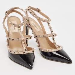 Pre Owned Valentino Black/Pink Patent and Leather Rockstud Caged Pumps Size 40