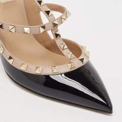 Pre Owned Valentino Black/Pink Patent and Leather Rockstud Caged Pumps Size 40