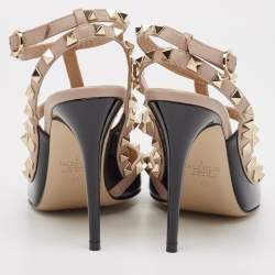 Pre Owned Valentino Black/Pink Patent and Leather Rockstud Caged Pumps Size 40