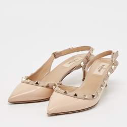 Pre Owned Valentino Beige Patent and Leather Rockstud Slingback Pumps Size 37