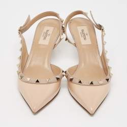 Pre Owned Valentino Beige Patent and Leather Rockstud Slingback Pumps Size 37