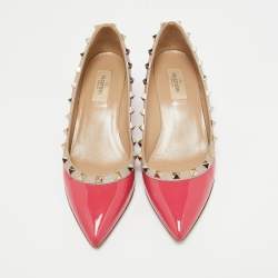 Pre Owned Valentino Red/Beige Patent and Leather Wedge Rockstud Pumps Size 38